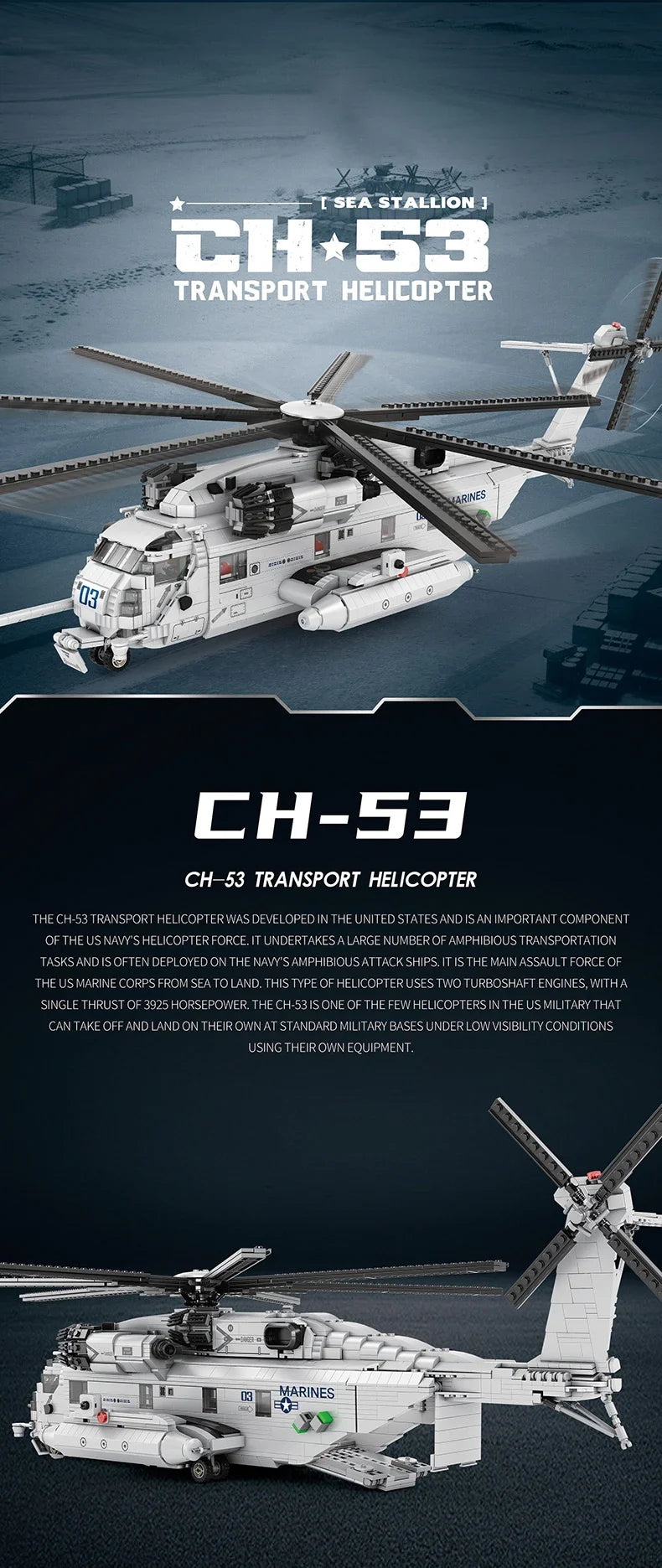 2193 Piezas, Bloques de Construcción del Helicóptero de Transporte CH-53E Sea Stallion, Modelo Militar