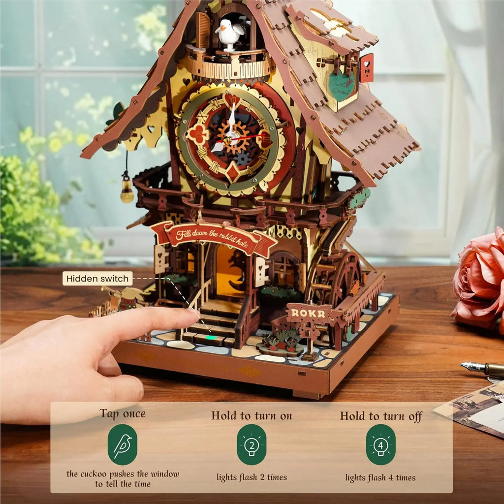 Robotime Rokr-rompecabezas de madera 3D, Kit de reloj de cuco, estilo bosque negro con pájaro de trabajo, Kit de modelo de reloj DIY para niños y adultos