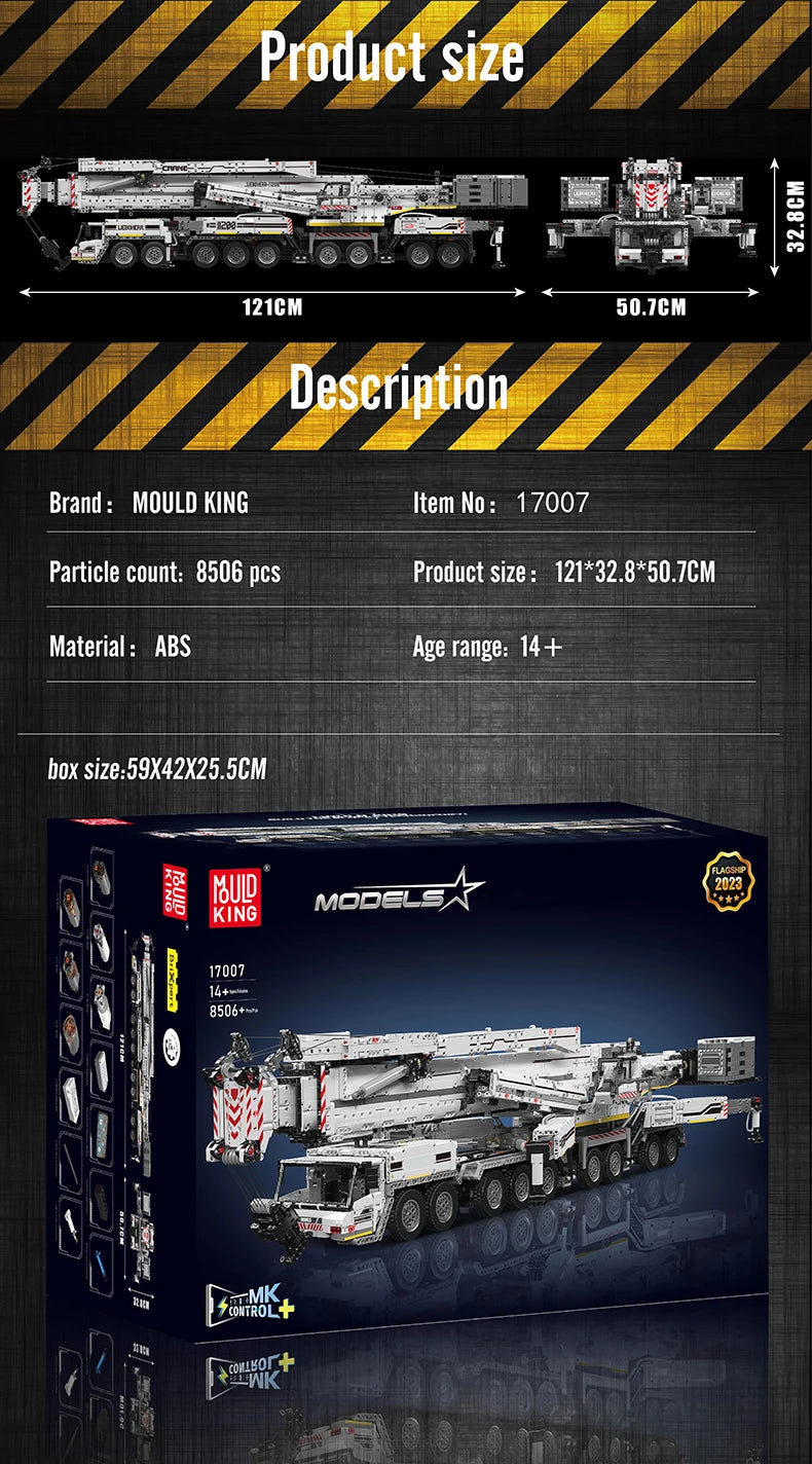 Mould King 17007 17008 Camión Técnico de Juguete, Grúa Liebherr LTM 11200 RC, Bloques de Construcción, Ladrillos