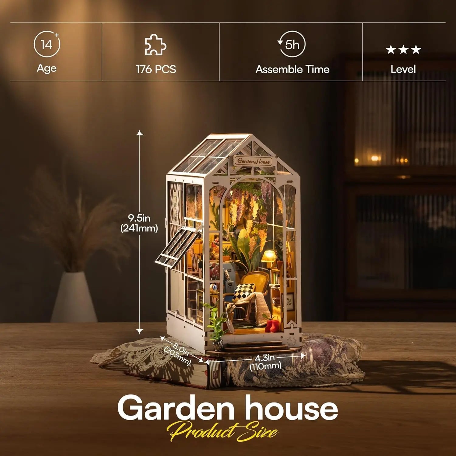 Kit de Modelo de Casa de Muñecas DIY Rolife Gardenhouse Book Nook con Luz LED, Rompecabezas de Madera para Decoración de Estanterías - TGB06