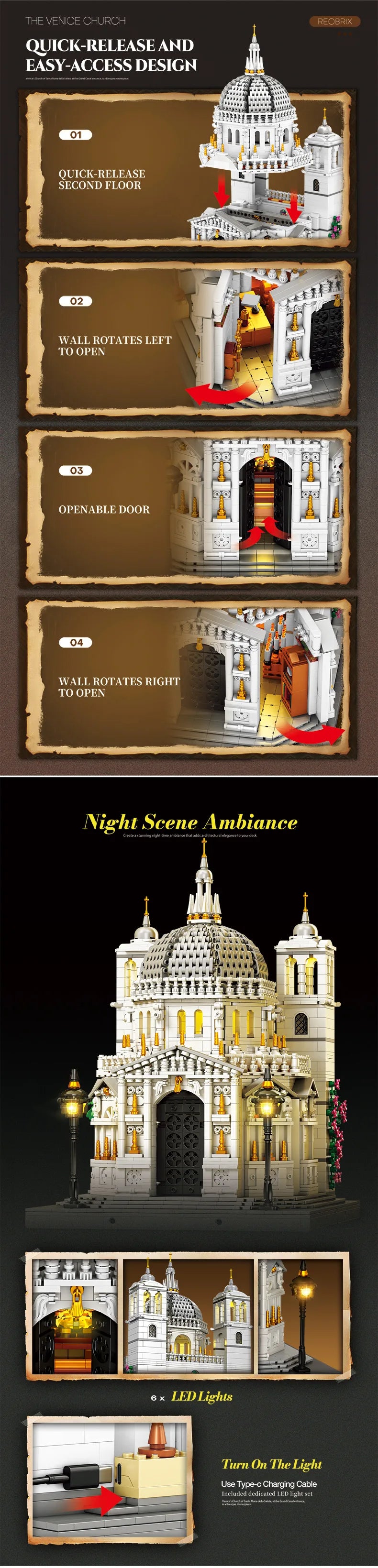Juego de bloques de construcción de iglesia de Venecia, modelo de punto de referencia arquitectónico con luces LED