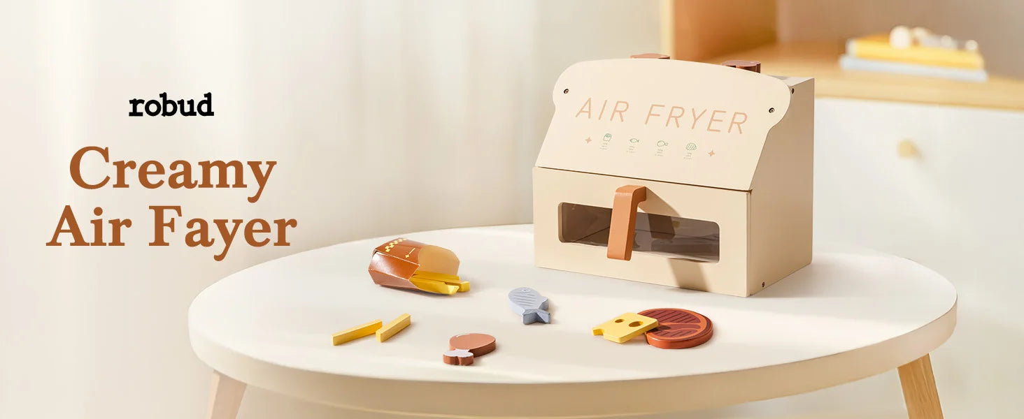 Robotime Robud freidora de aire de madera juego de cocina con accesorios cocinar comida regalo para niños niñas color crema