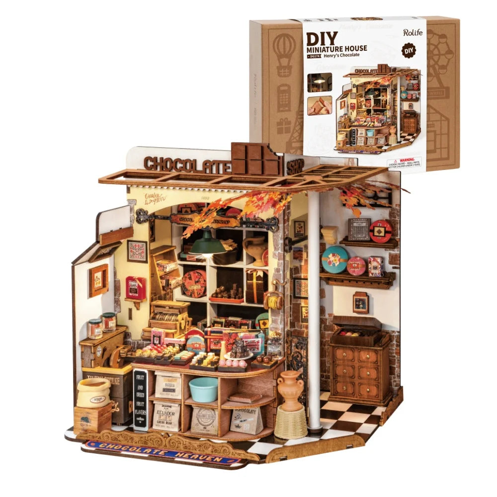 Robotime Rolife Henry's Chocolate DIY Kit de casa en miniatura Kit de construcción de modelo de casa de muñecas de madera con regalos artesanales LED para adultos
