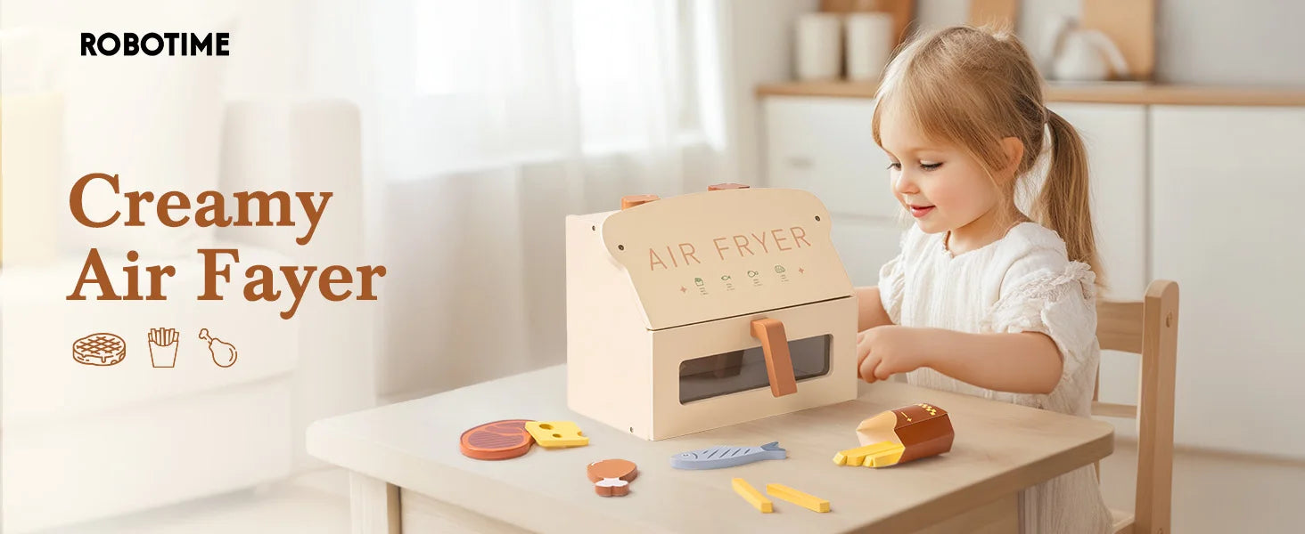 Robotime Robud freidora de aire de madera juego de cocina con accesorios cocinar comida regalo para niños niñas color crema