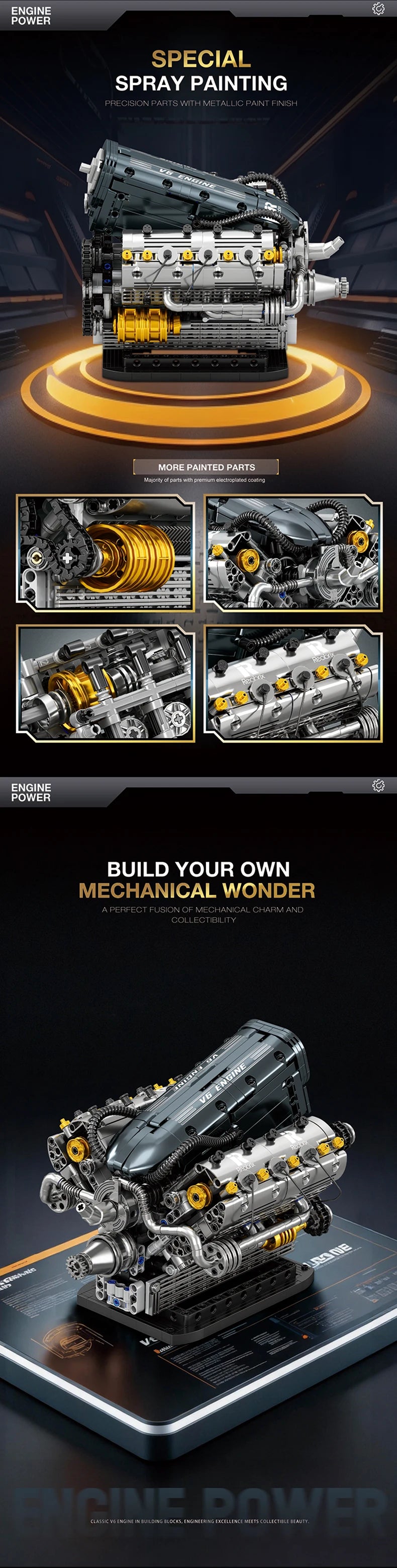 Set de Bloques de Construcción de Motor V6 con Soporte, Adorno Coleccionable para Escritorio