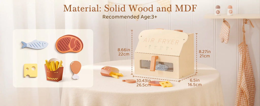 Robotime Robud freidora de aire de madera juego de cocina con accesorios cocinar comida regalo para niños niñas color crema
