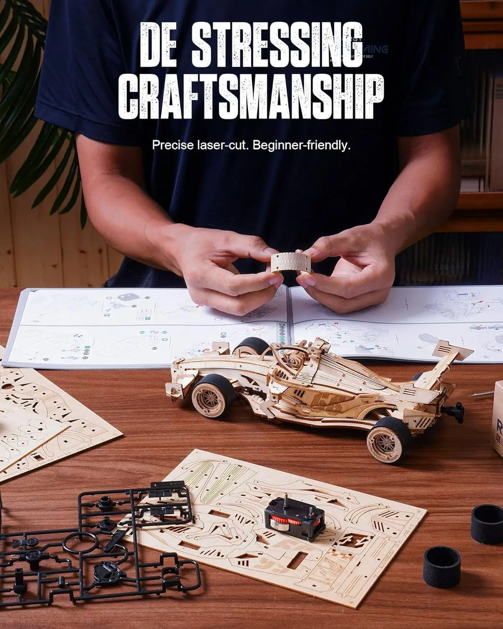 Robotime-rompecabezas de madera 3D, Kits de modelos de coches de carreras, 5H, construcción de 8-10M, motor rugiente mecánico LK505 para adultos, adolescentes y niños