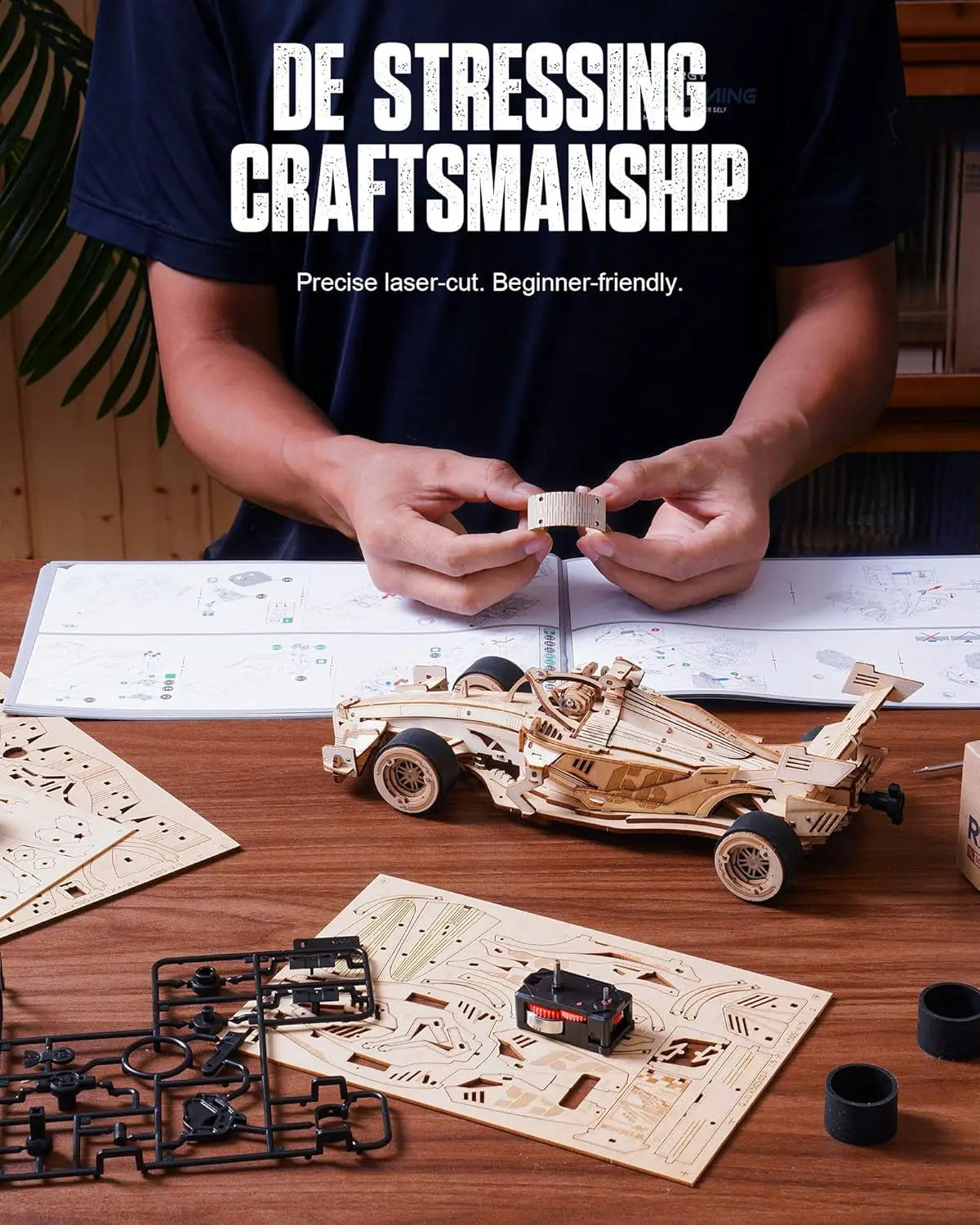 Robotime-rompecabezas de madera 3D, Kits de modelos de coches de carreras, 5H, construcción de 8-10M, motor rugiente mecánico LK505 para adultos, adolescentes y niños