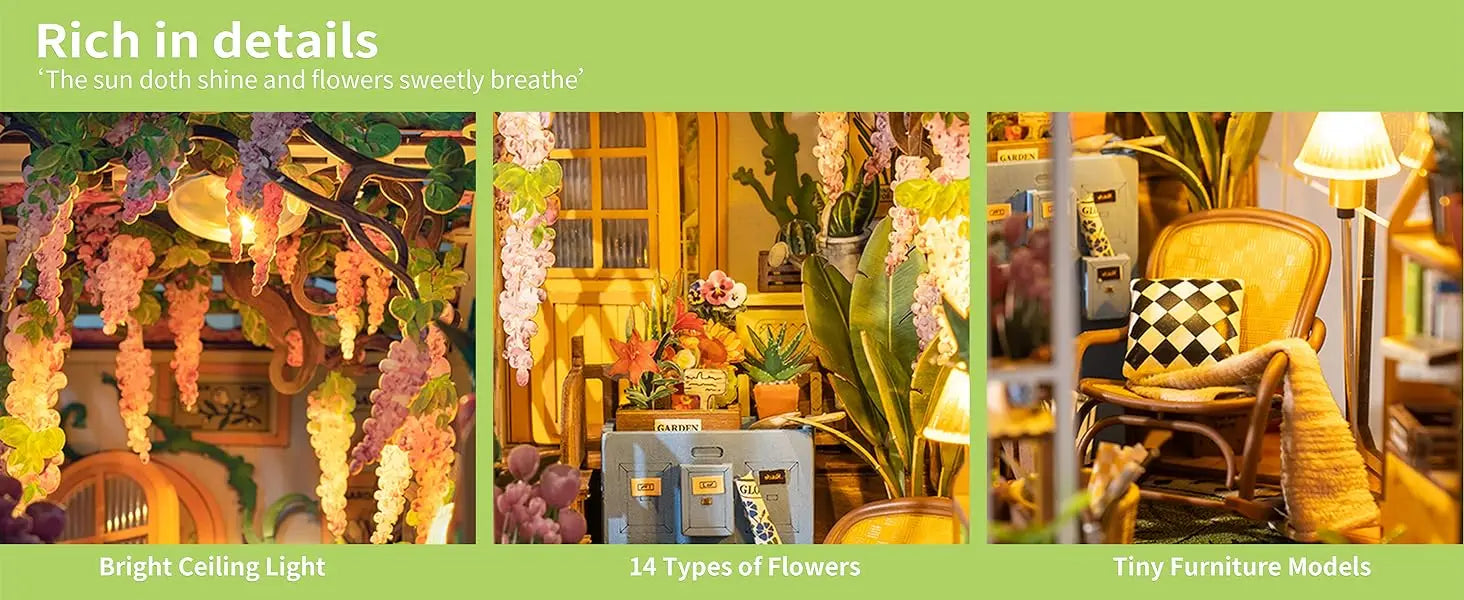 Kit de Modelo de Casa de Muñecas DIY Rolife Gardenhouse Book Nook con Luz LED, Rompecabezas de Madera para Decoración de Estanterías - TGB06