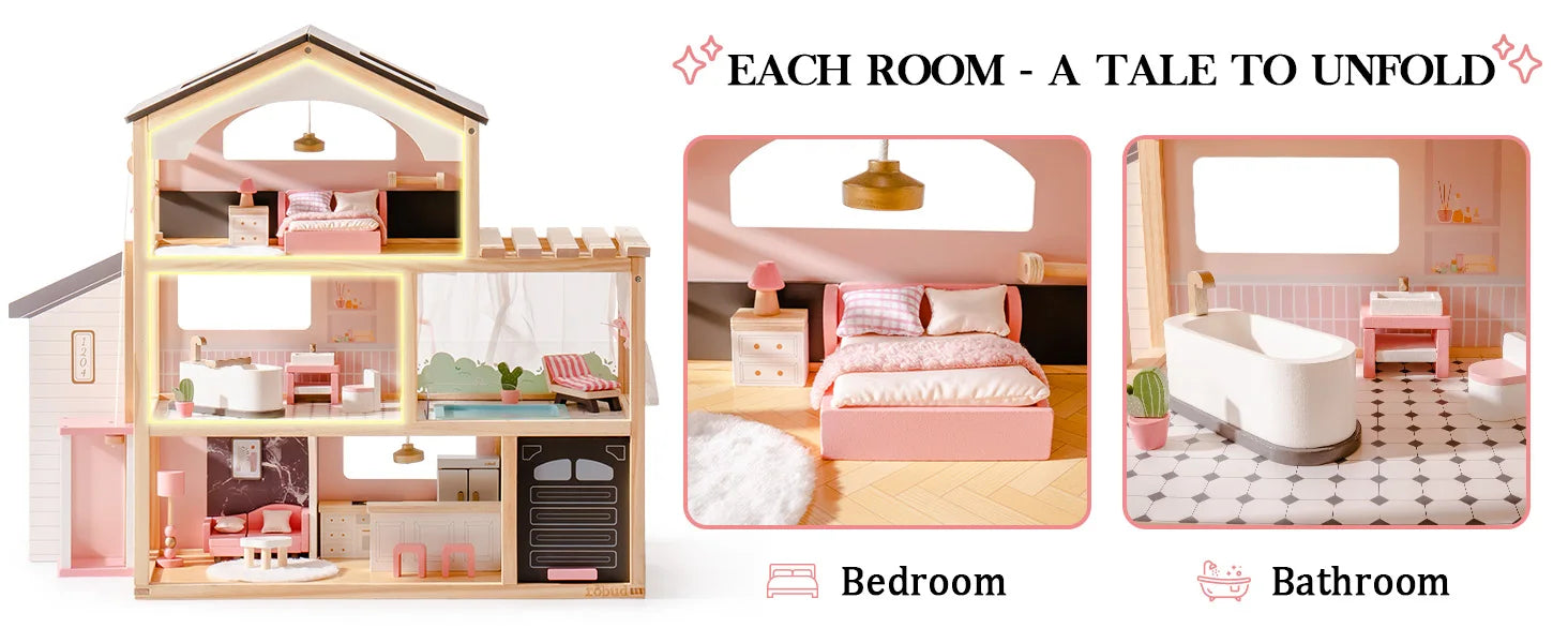 Robotime Robud Casa de muñecas de madera, 6 habitaciones con juego de muebles de 29 piezas, elevador de trabajo, garaje, piscina, regalo Ideal para niños y edades