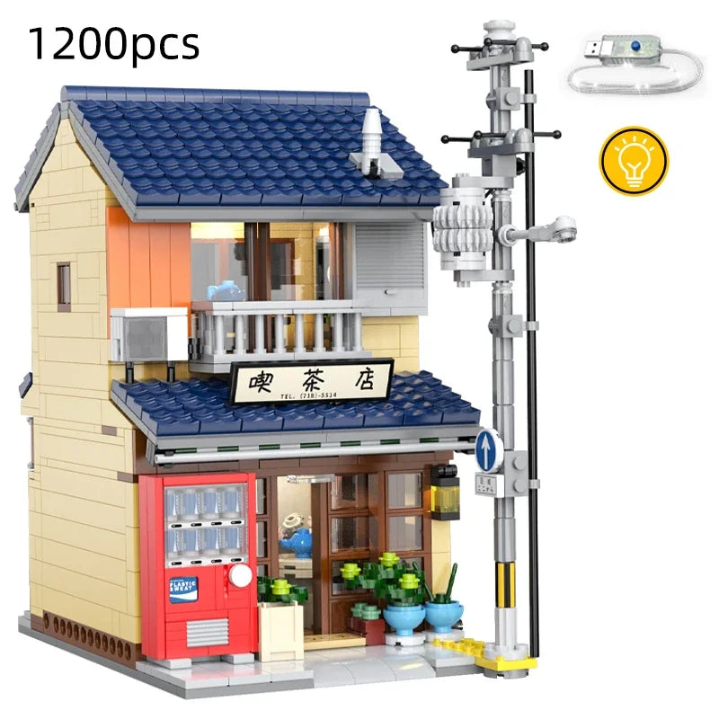 Bloques de construcción con caja de embalaje juguete de ladrillos para armar Casa de la tienda de té japonesa de ciudad con LED