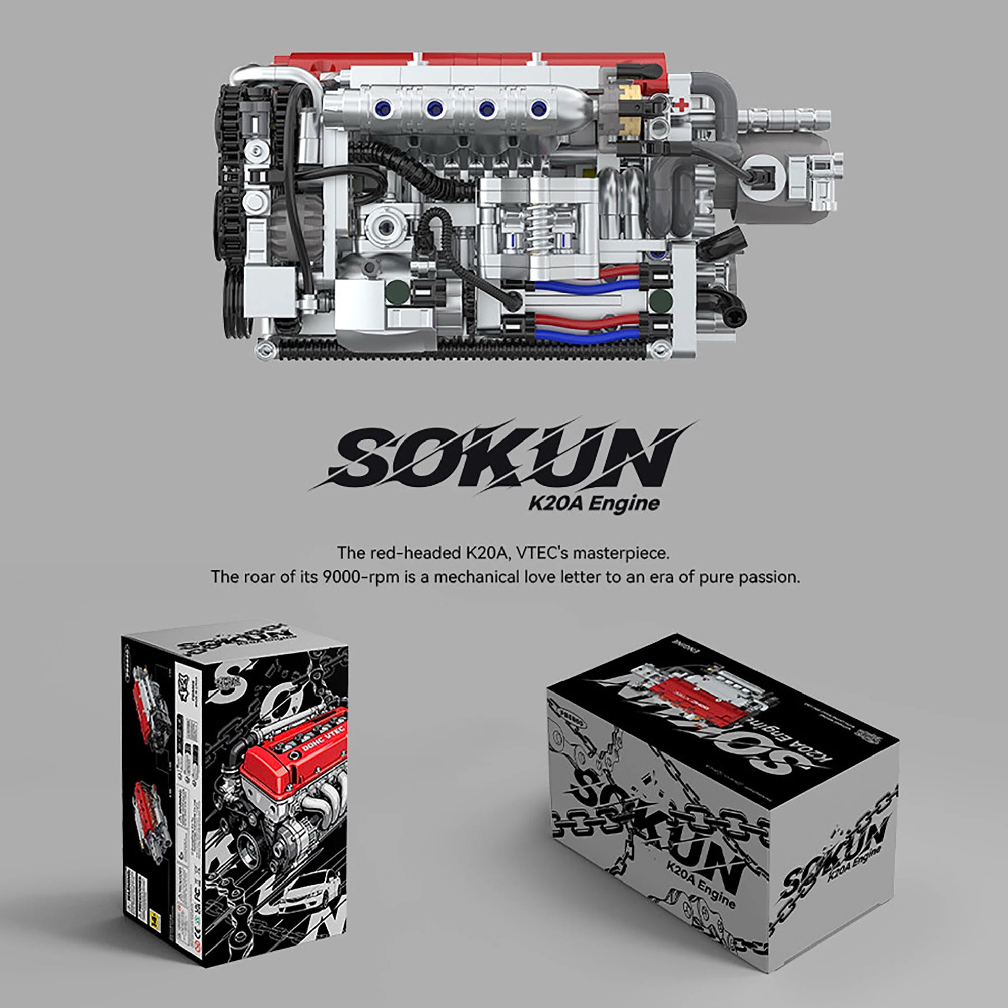 907 Piezas de Bloques de Construcción de Motor K20A PB8860, Colección de Adornos de Motor de Vehículo SOKUN
