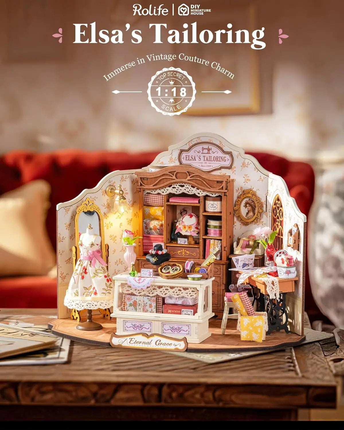 Robotime-Kit de casa en miniatura DIY, sastrería de Elsa, Kit de construcción de casa de muñecas a escala 1:18, estantería antigua, artesanías de exhibición para adultos