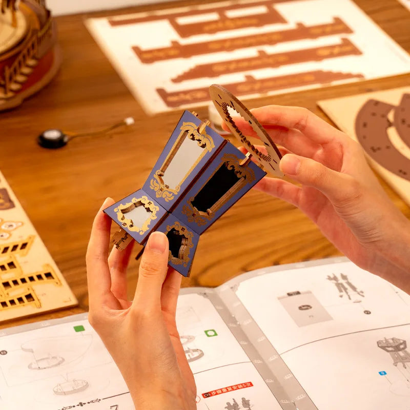 Robotime-carrusel de rompecabezas de madera 3D, caja de música con luces LED, modelo de engranaje, Kits de artesanía de construcción, regalos de navidad para adultos