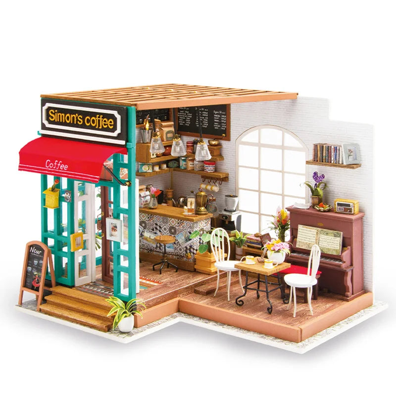 Robotime-casa de muñecas artística, Kits de casa en miniatura DIY, Mini casa de muñecas con muebles, juguetes de café de Simon para niños, regalo para niñas DG109