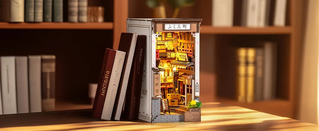 Robotime Sakura Wine Alley DIY Booknook con luces DIY casa de muñecas en miniatura Kit 3D rompecabezas de madera sujetalibros estantería decoración regalo