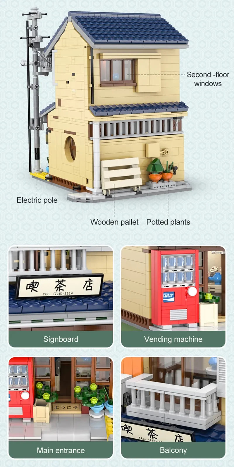 Bloques de construcción con caja de embalaje juguete de ladrillos para armar Casa de la tienda de té japonesa de ciudad con LED