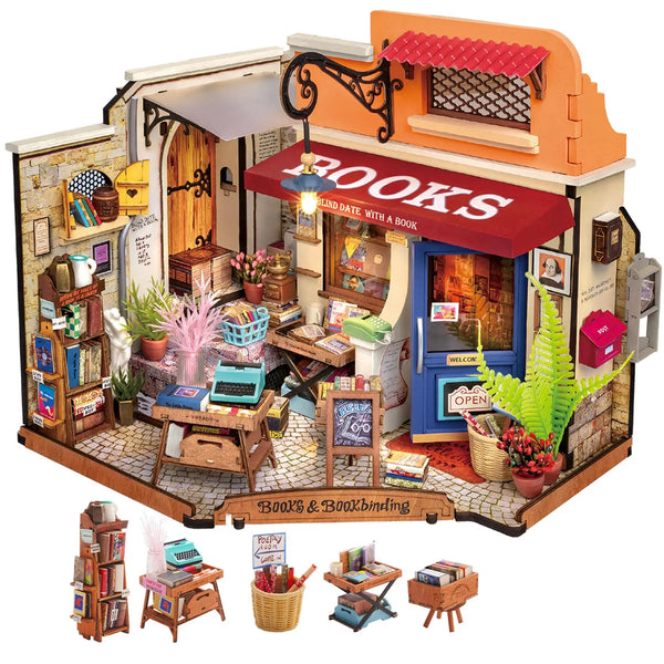Robotime Kit de casa en miniatura, librería de esquina para casa de muñecas DIY con LED, kits de manualidades para casa de muñecas para adultos, cumpleaños para mujeres y niños