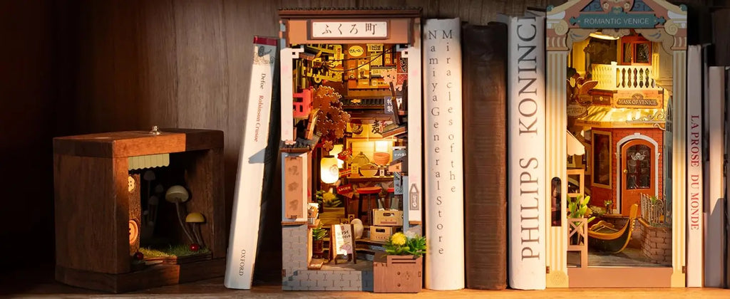 Robotime Sakura Wine Alley DIY Booknook con luces DIY casa de muñecas en miniatura Kit 3D rompecabezas de madera sujetalibros estantería decoración regalo