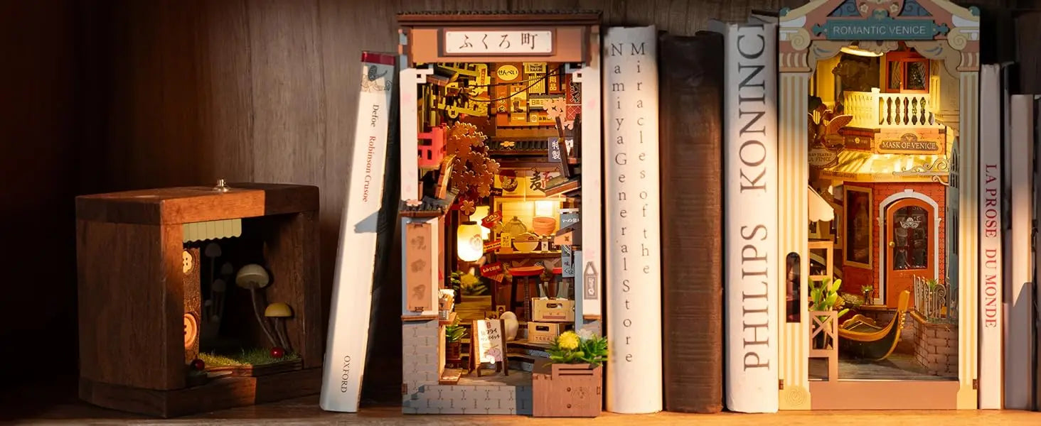 Robotime Sakura Wine Alley DIY Booknook con luces DIY casa de muñecas en miniatura Kit 3D rompecabezas de madera sujetalibros estantería decoración regalo