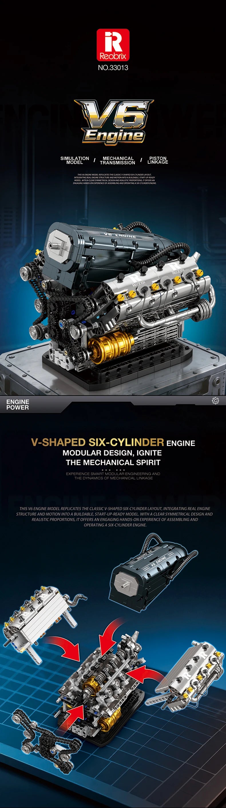 Set de Bloques de Construcción de Motor V6 con Soporte, Adorno Coleccionable para Escritorio