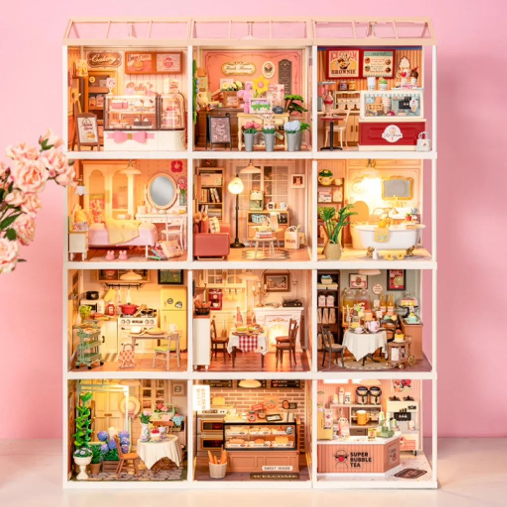 Robotime Rolife: casita en miniatura «Lovely Pink Bedroom» para montar tú mismo, con accesorios y luces LED, ideal como regalo de cumpleaños DW016