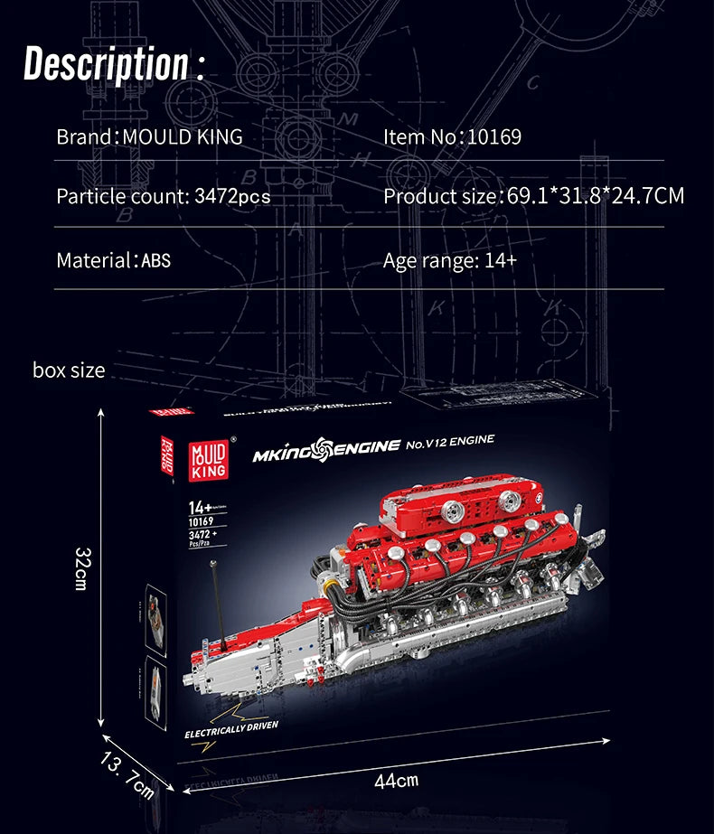 Mould King 10169 conjunto de bloques de construcción de motor motorizado V12, juego de ladrillos de coche de carreras