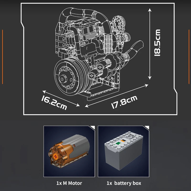 Mould King 10215  motor de coche, conjunto de bloques de construcción de motor de supercoche motorizado