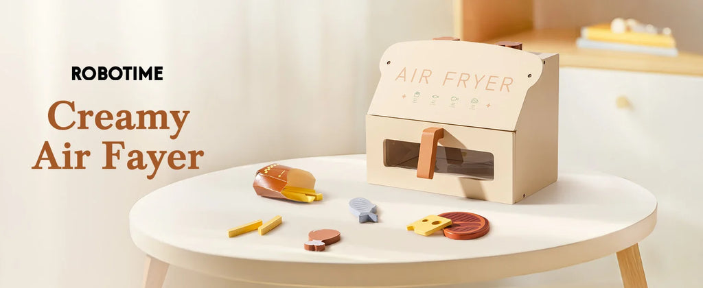 Robotime Robud freidora de aire de madera juego de cocina con accesorios cocinar comida regalo para niños niñas color crema