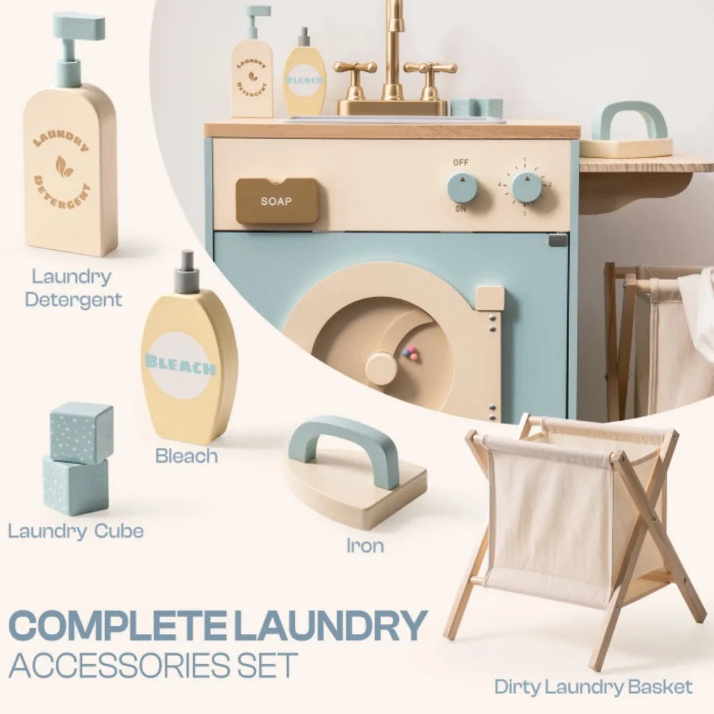 Robotime Robud Lavadora de cocina Playset Juego de simulación Lavadora de juguete con cesta de ropa Hierro y fregadero para niños de 3 años + Azul