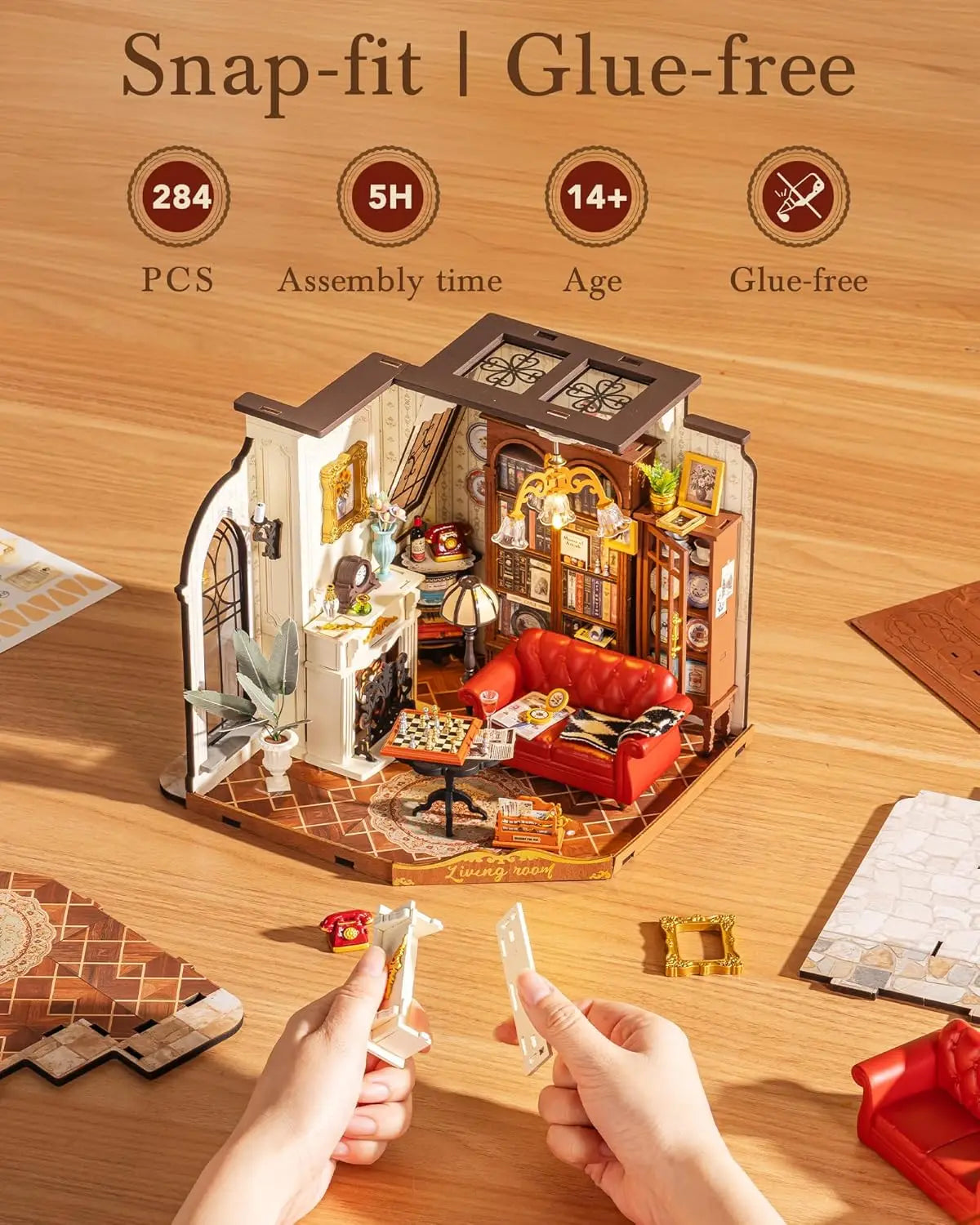 Robotime Rolife Catherine's Living Room DIY Kit de casa en miniatura Kit de construcción de modelo de casa de muñecas de madera con LED y muebles DG175