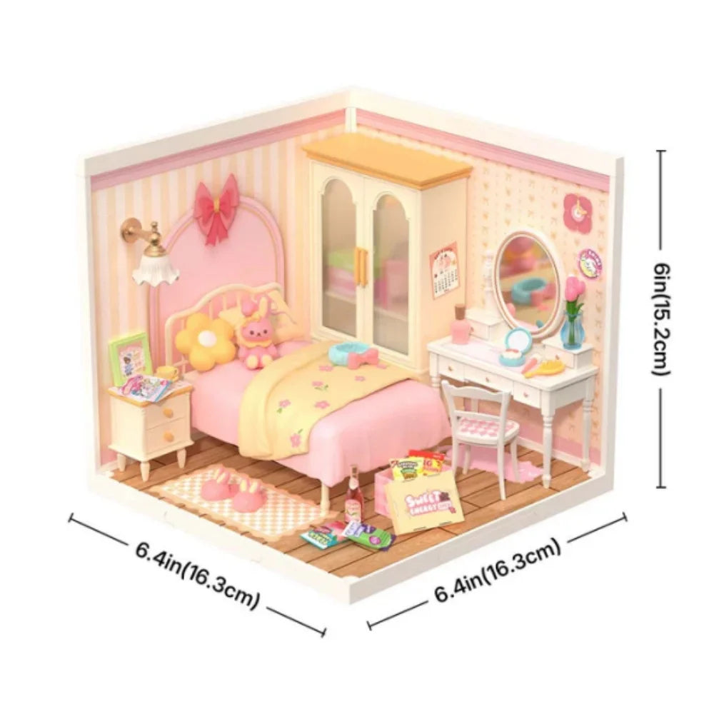 Robotime Rolife: casita en miniatura «Lovely Pink Bedroom» para montar tú mismo, con accesorios y luces LED, ideal como regalo de cumpleaños DW016