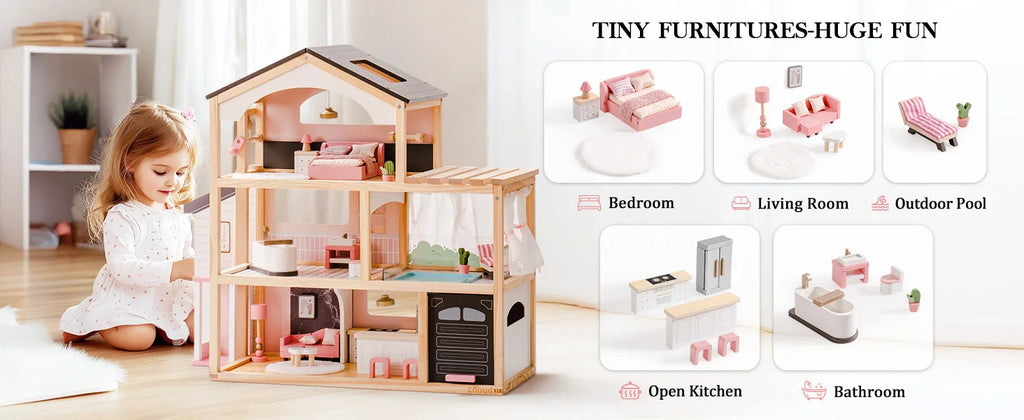 Robotime Robud Casa de muñecas de madera, 6 habitaciones con juego de muebles de 29 piezas, elevador de trabajo, garaje, piscina, regalo Ideal para niños y edades
