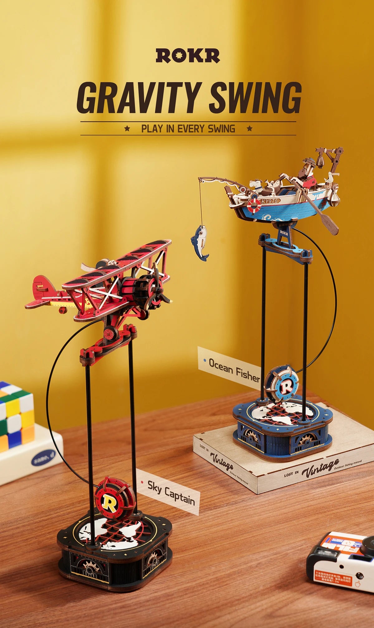 Robotime Rokr Kit de construcción de modelos de columpio por gravedad, kit de rompecabezas de madera 3D, kit de capitán del cielo, kit Ocean Fisher, los mejores regalos para adultos y adolescentes