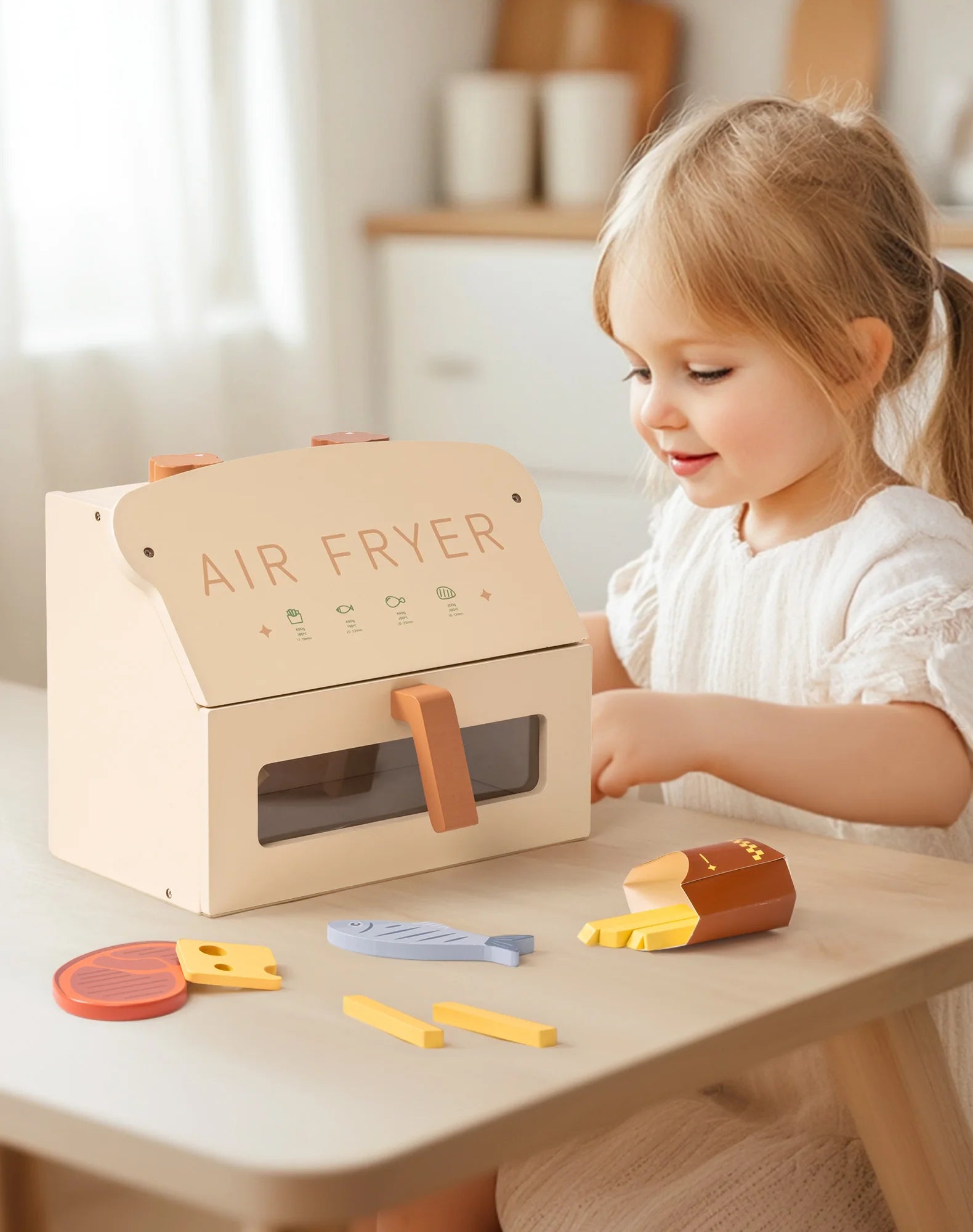 Robotime Robud freidora de aire de madera juego de cocina con accesorios cocinar comida regalo para niños niñas color crema