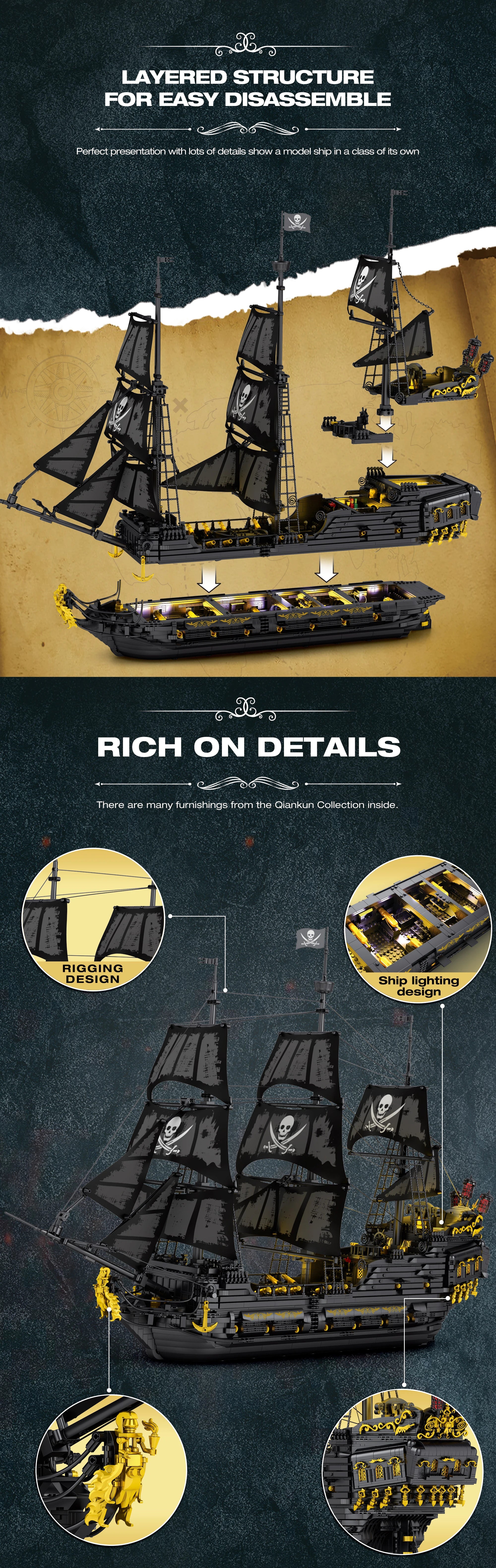 Bloques de Construcción del Barco Pirata Perla Negra, Kit de Modelo de Ladrillos del Buque Insignia del Caribe