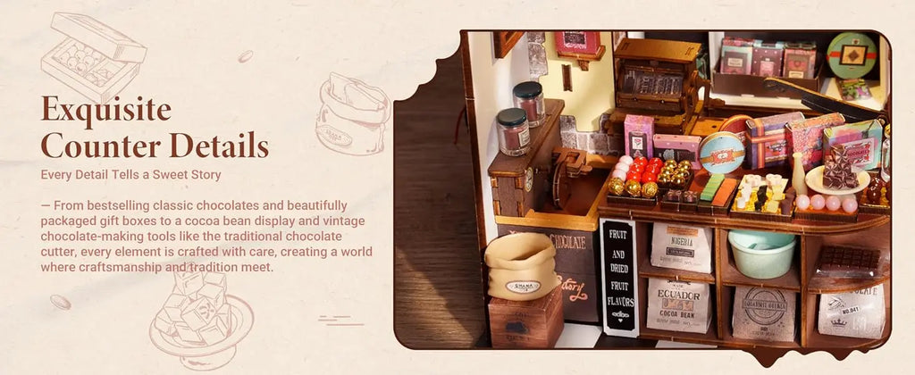 Robotime Rolife Henry's Chocolate DIY Kit de casa en miniatura Kit de construcción de modelo de casa de muñecas de madera con regalos artesanales LED para adultos
