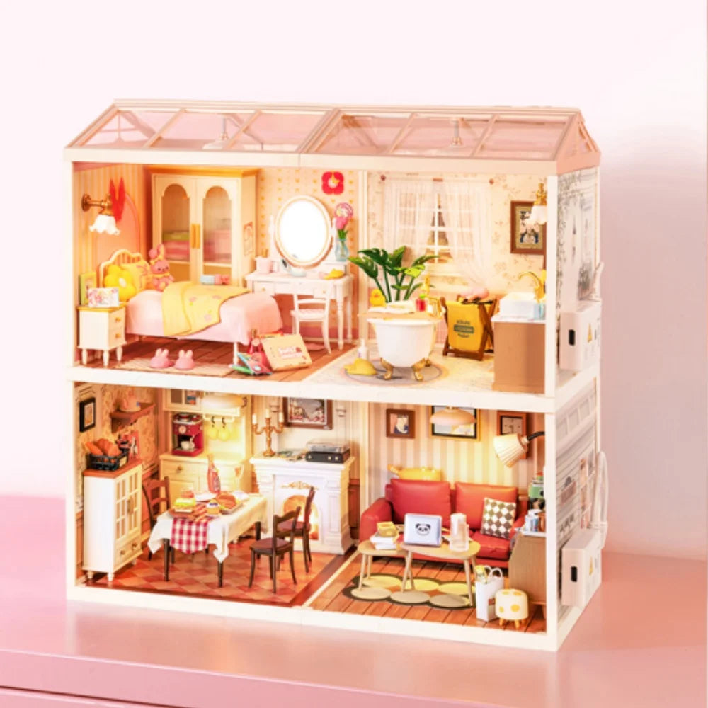 Robotime Rolife: casita en miniatura «Lovely Pink Bedroom» para montar tú mismo, con accesorios y luces LED, ideal como regalo de cumpleaños DW016