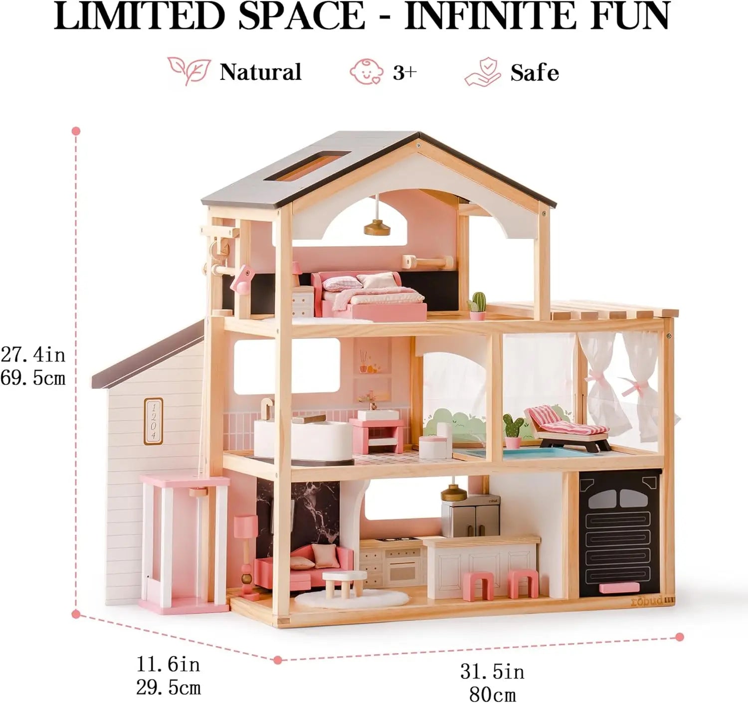 Robotime Robud Casa de muñecas de madera, 6 habitaciones con juego de muebles de 29 piezas, elevador de trabajo, garaje, piscina, regalo Ideal para niños y edades