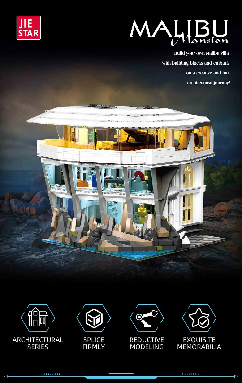 Bloques de Construcción Creativos DC Marrvve, 3284 Piezas, Malibu Street View con Luz, Modelo Arquitectónico