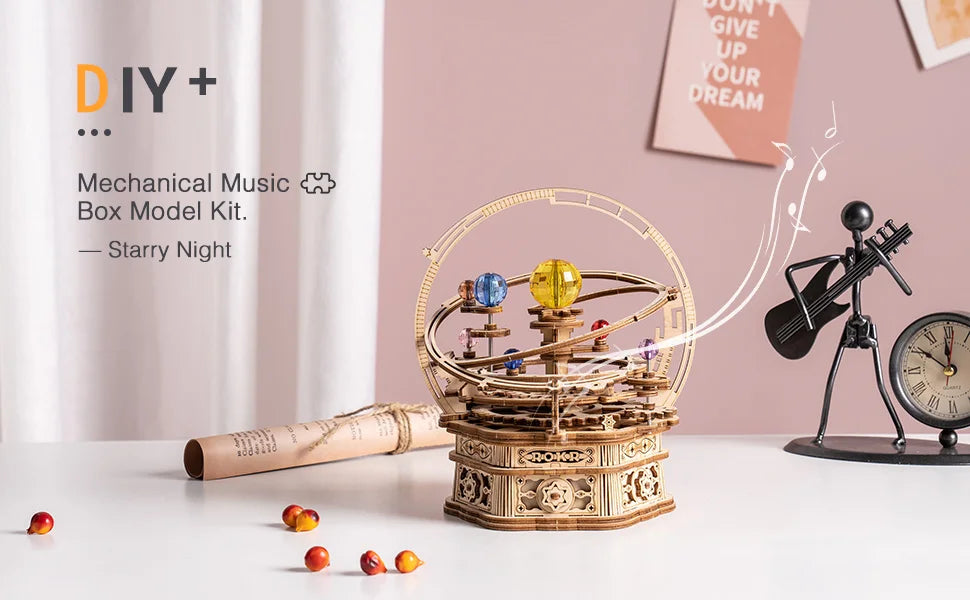Robotime-caja de música mecánica giratoria de noche estrellada, rompecabezas de madera 3D, modelo de ensamblaje, Kits de artesanía de construcción para niños AMK51