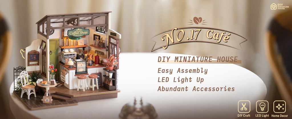 Robotime-casa de muñecas de madera para niños y adultos, conjunto de construcción con muebles en miniatura, LED, café NO.17