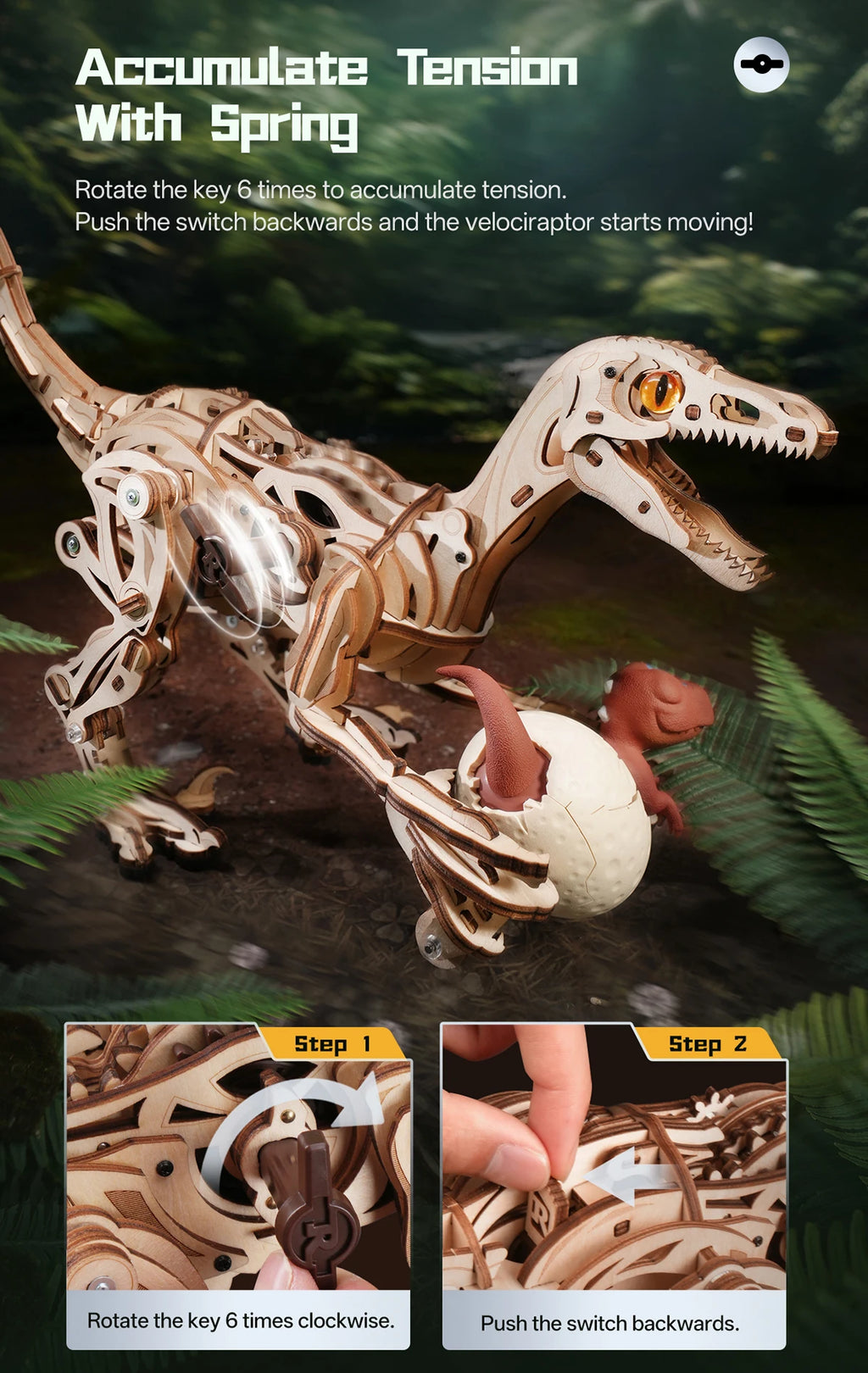 Rompecabezas 3D de Madera Robotime Rokr, Velociraptor Mecánico, Modelo de Velociraptor para Armar, Kit de Construcción Mecánica, Madera 3D LD01