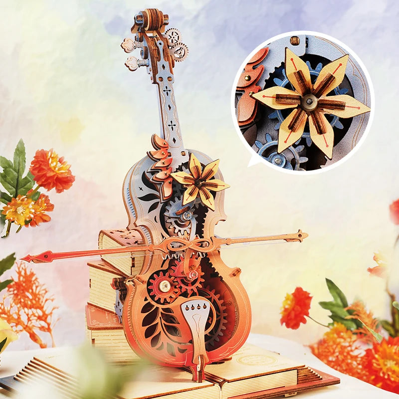 Robotime-violoncillo mágico para adultos, rompecabezas 3D, caja de música de madera, rompecabezas para construir música única, regalo, Kits de Hobby, caja de música Cat's Sky City