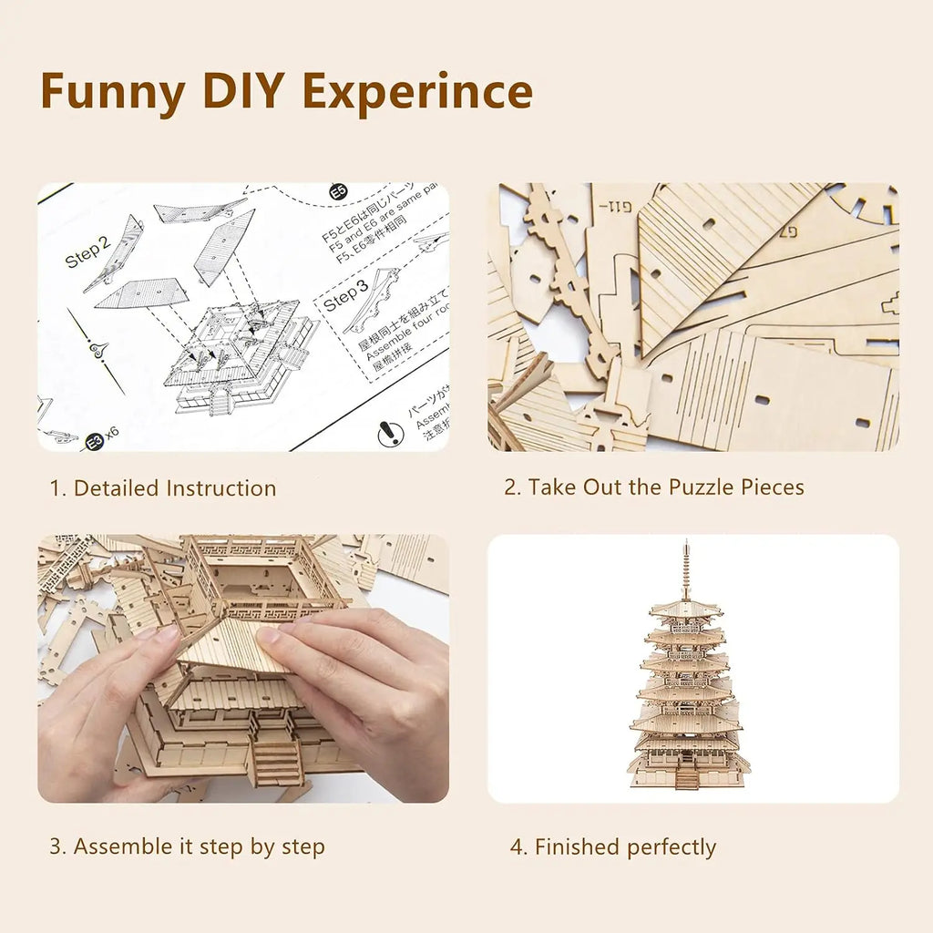 Robotime-rompecabezas 3D de Pagoda de cinco pisos para niños y adultos, Kit de construcción de modelo de madera artesanal, el mejor regalo
