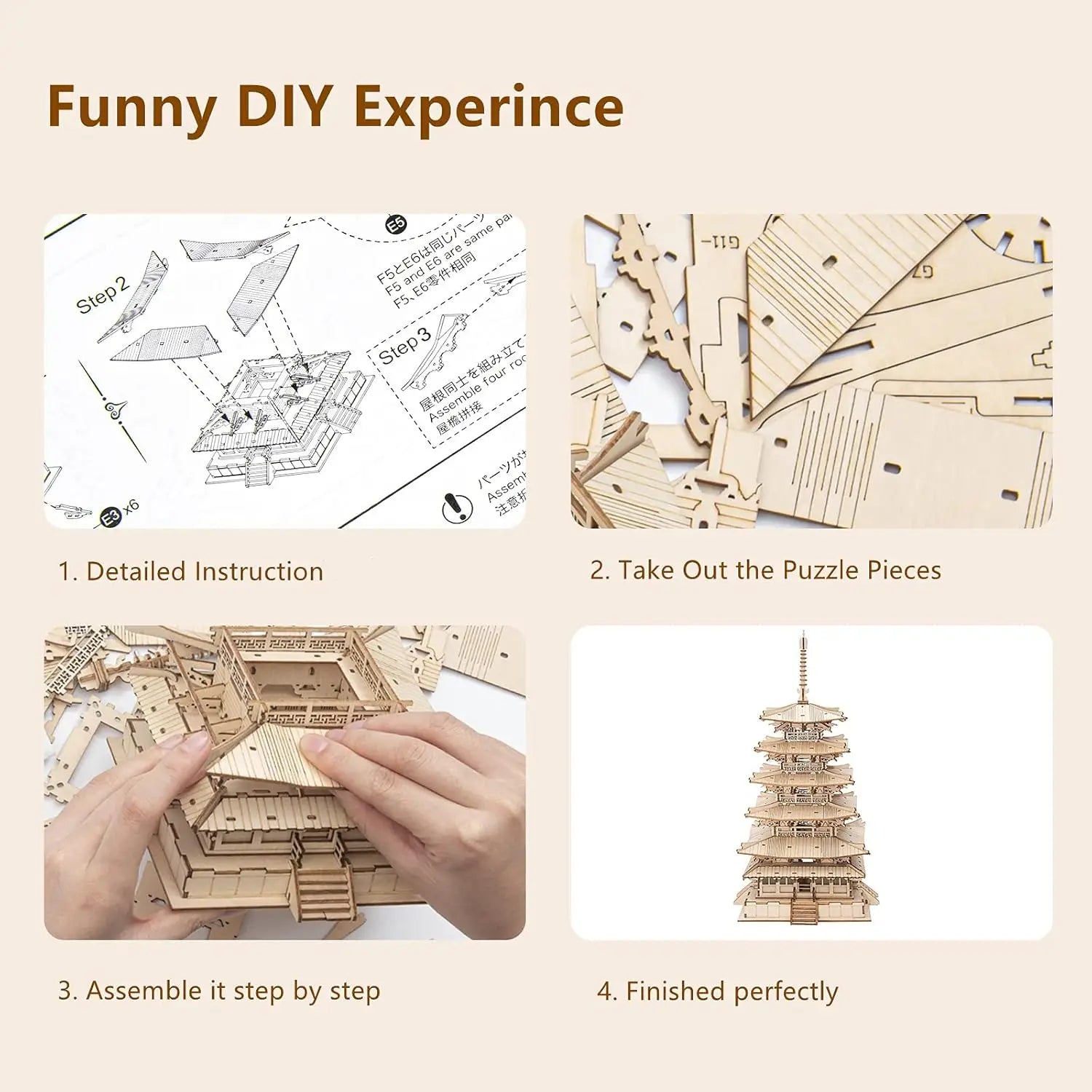 Robotime-rompecabezas 3D de Pagoda de cinco pisos para niños y adultos, Kit de construcción de modelo de madera artesanal, el mejor regalo