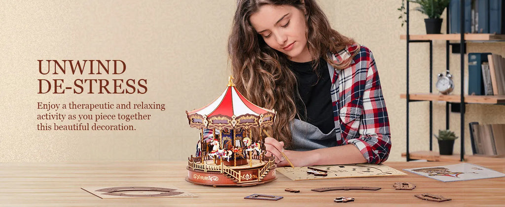 Robotime-carrusel de rompecabezas de madera 3D, caja de música con luces LED, modelo de engranaje, Kits de artesanía de construcción, regalos de navidad para adultos