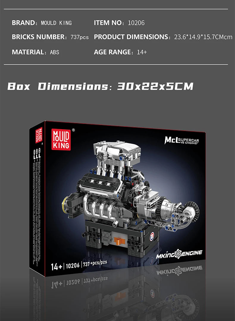 Mould King 10206, pieza técnica de coche, juguetes, coche deportivo motorizado MCL V8, bloques de construcción de motor
