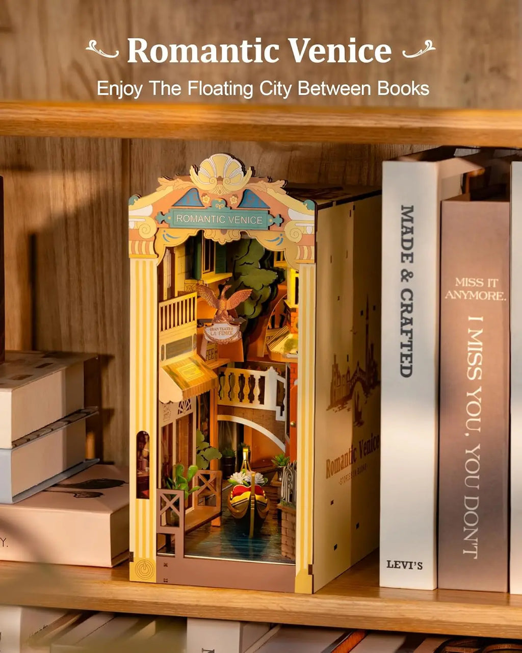 Kits Robotime Book Nook, Venecia Romántica con Luces LED, Rompecabezas 3D de Madera, Sujetalibros, Casa en Miniatura para Adultos