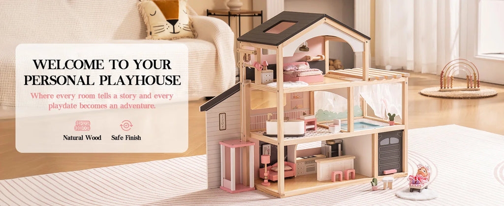 Robotime Robud Casa de muñecas de madera, 6 habitaciones con juego de muebles de 29 piezas, elevador de trabajo, garaje, piscina, regalo Ideal para niños y edades